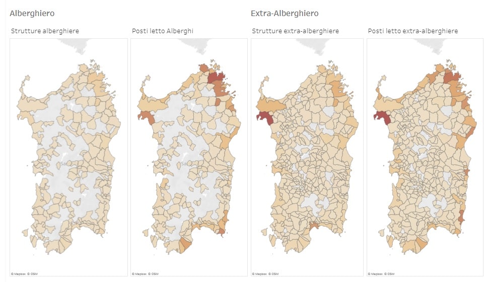 Mappa di strutture e posti letto alberghiero ed extra alberghiero in Sardegna