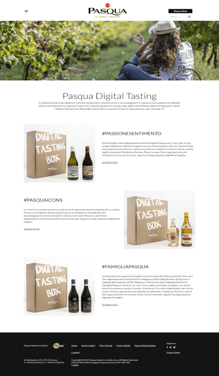 Pagina dedicata ai tasting virtual box della cantina Pasqua, degustazioni virtuali in cantina