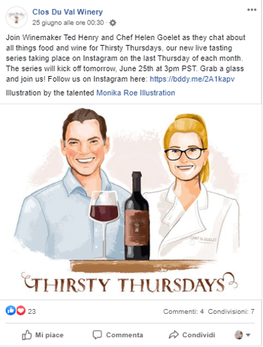 Un post su instagram della Clos Du Val su una degustazione virtuale in cantina